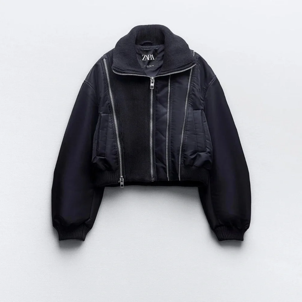 Zara Navy Zippered Pinstriped Bomber Jacket NWT - Picture 1 of 16